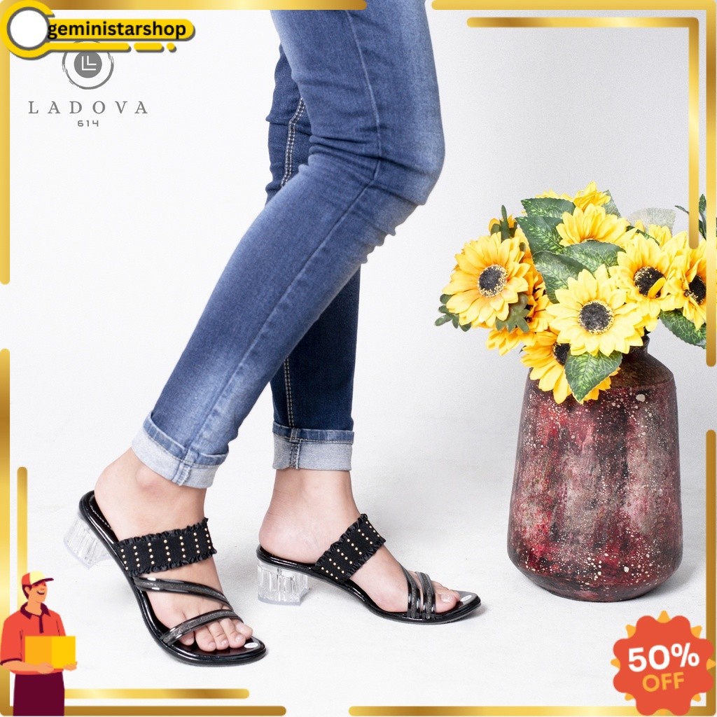 TERBARU Ladova SOFIYA Sandal Wanita Heels Pesta Hak Kaca 5cm Tali Renda Elastis Kombinsi Jelly Party