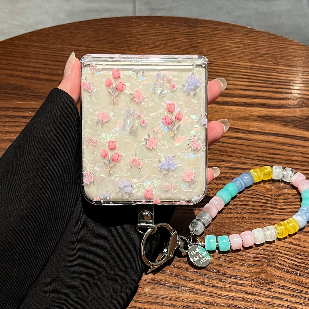 Casing Magnetik Sumbu Tengah Motif Kerang Bunga Pink Lucu dengan Rantai Manik-Manik Warna-Warni untu