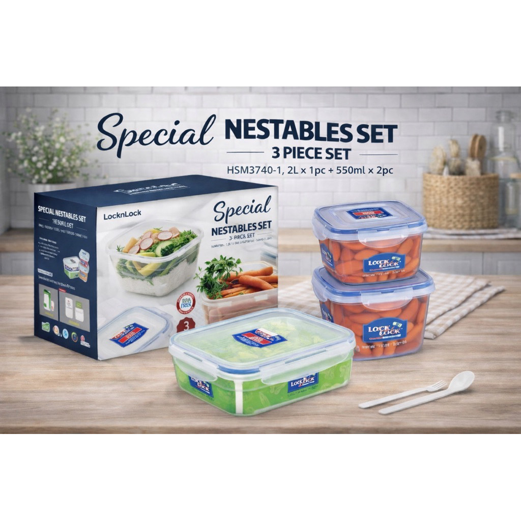 FUJA.ID Nestables / Special gitf set  HSM3740  isi 3 lock n lock toples wadah kedap original