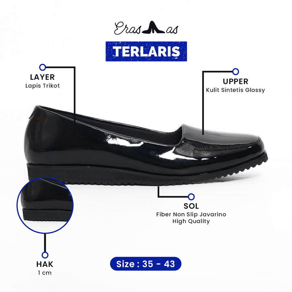 ERASMAS B3 Sepatu Pantofel Wanita 1cm Hitam Sepatu Kerja Kantor Formal Nyaman Anti Licin