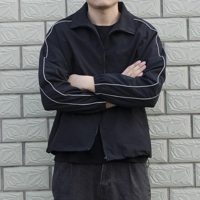 Jaket olahraga berkerah tegak ala Korea, jaket kasual longgar untuk pria di musim semi.