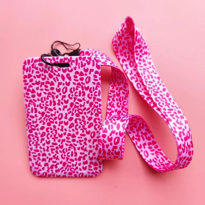 Pink Leopard Print ID Card Holder Lanyard Keychain Women Cret Card Case Neck Strap Badge Holders Cre