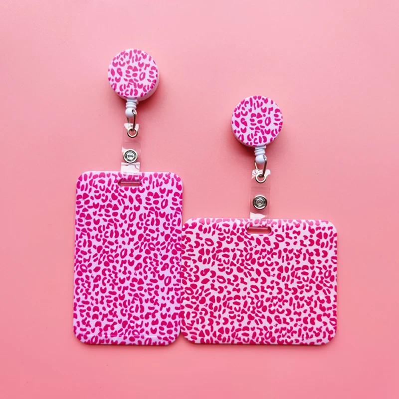 Pink Leopard Print ID Card Holder Lanyard Keychain Women Cret Card Case Neck Strap Badge Holders Cre