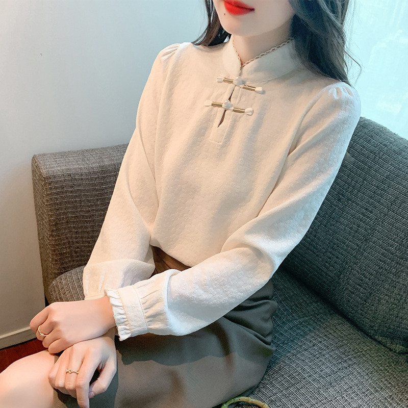 Kemeja sifon berkancing berkerah tinggi wanita berkualitas tinggi Kemeja lengan panjang