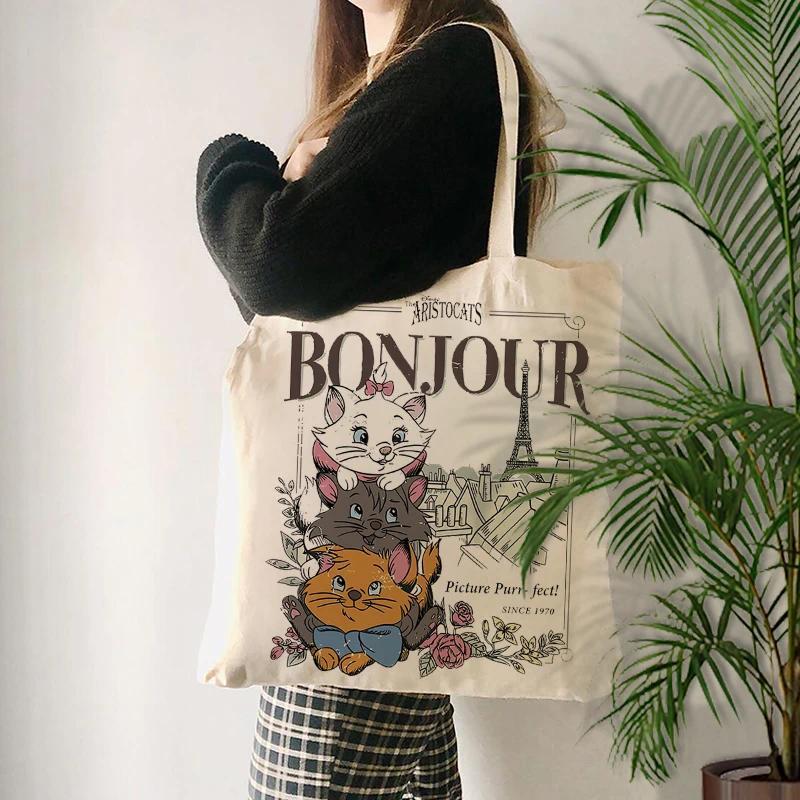 Bonjour Aristocats Pattern Totes Foldable Shopping Bag Holiday Eiffel Tower Gift for Her Shoulder Ba