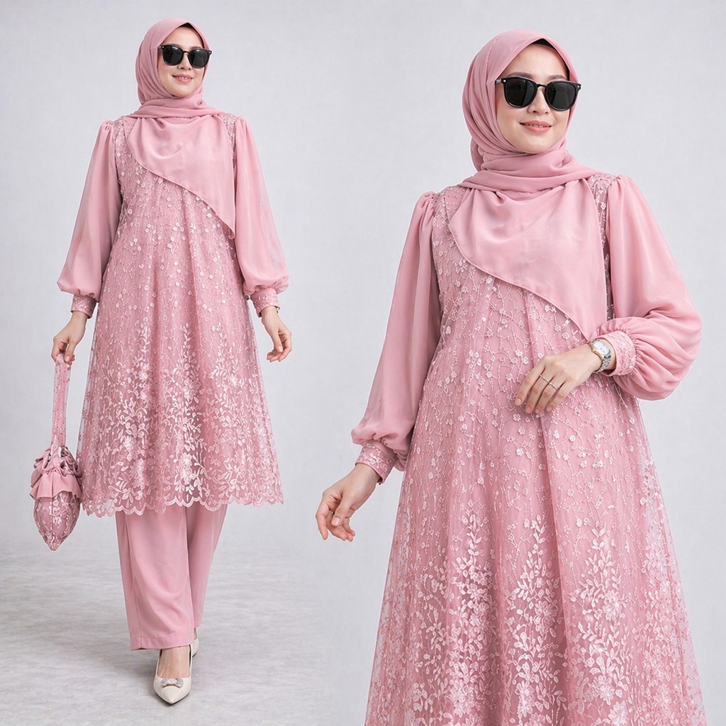 Arvera —— (Real Picture) Lexi One Set Setelan Celana 2in1 Modern Kekinian Matt Ceruty Mix Brukat Out