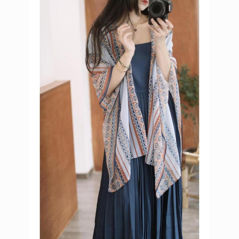 [COD] Gaun Liburan Motif Burung Gaya Etnik Dong Baru Warna Biru Muda Model Selendang Rok Midi Lipit