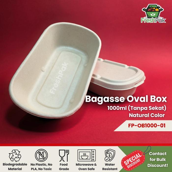 [50 Pcs] FreshPak Bagasse Oval Box 1000 ml Sugarcane Eco Friendly Packaging - Bagasse