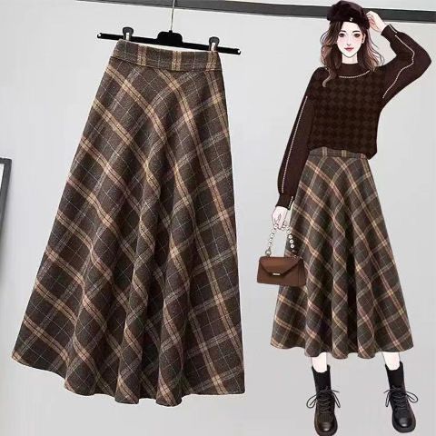 Rok kotak-kotak wanita berkualitas tinggi untuk musim semi dan musim gugur   Rok lebar panjang sedan
