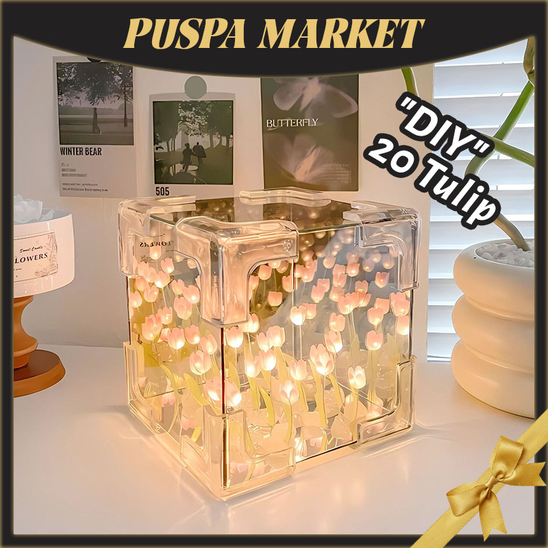 20 Bunga Tulip Lampu LED DIY – Lampu Malam Cermin Anti Mati Sendiri Tahan Lama untuk Hadiah Ulang Ta