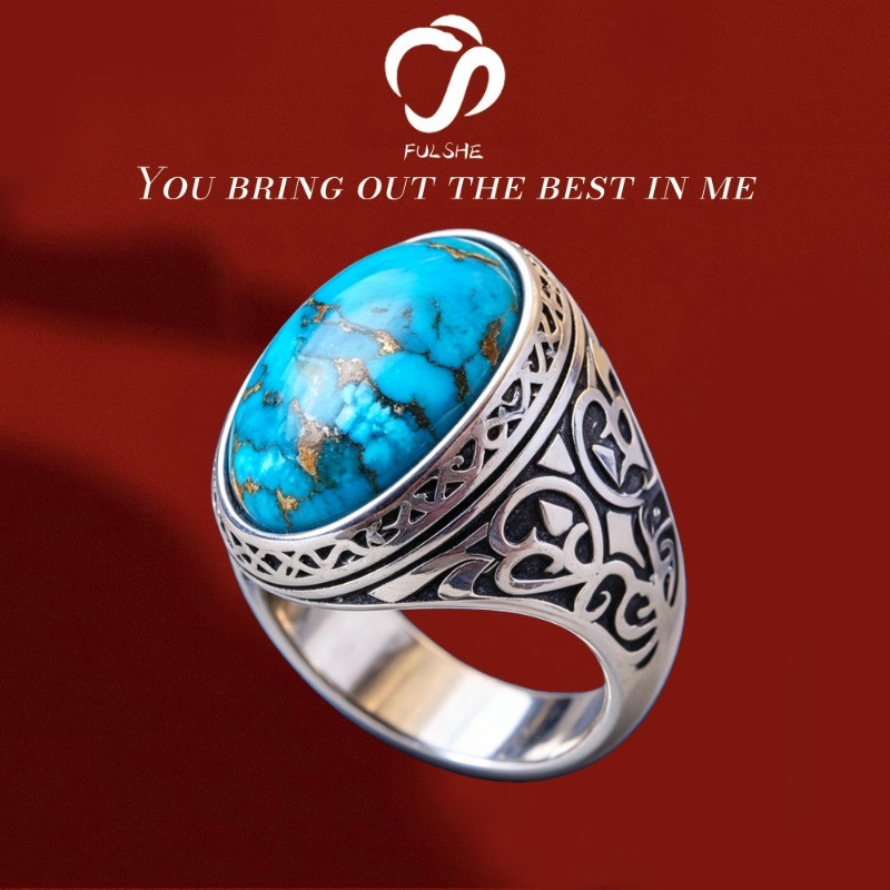 FULSHE Cincin Pria Perak Thailand Vintage Lapisan Hitam Bentuk Telur Dengan Batu Turquoise