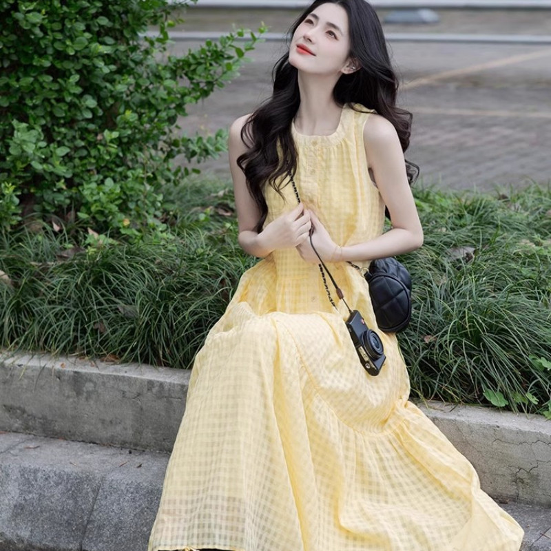 Luna Style Id Gaun rompi tanpa lengan motif kotak-kotak kuning gaya Prancis untuk wanita