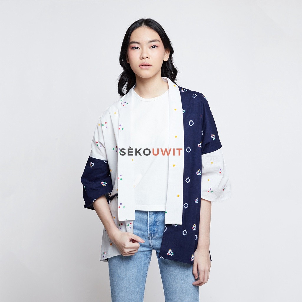 Outer Batik Jumputan Wanita Zygo Color Block Long Sleeves Kimono Outer Lengan Panjang Sekouwit - Nav