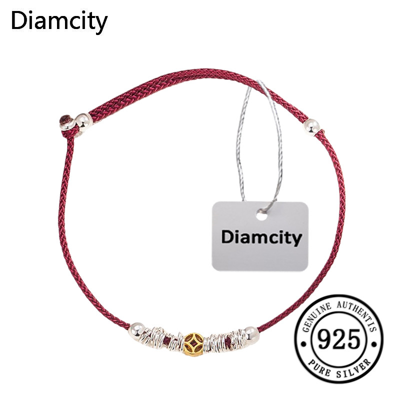 Diamcity Gelang Kaki Tali Merah Perak Patah Koin Gaya Cina Baru Niche Mewah yang Dapat Diakses