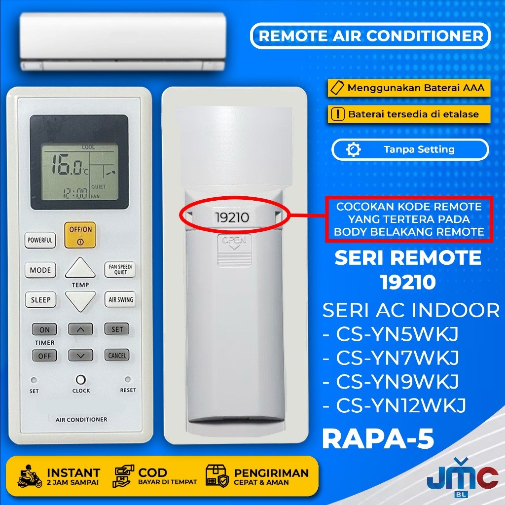 Varian Remote AC JMC Pengganti Remot AC PANASONIC 19210 19190 4543 07700 CS-YN5WKJ CS-YN7WKJ CS-C7PK