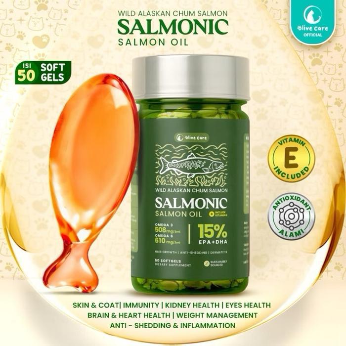 ￼Olive Care Vitamin Minyak Ikan Kucing SALMONIC Murni & Alami Non-GMO Tinggi Omega 3 EPA DHA Omega 6