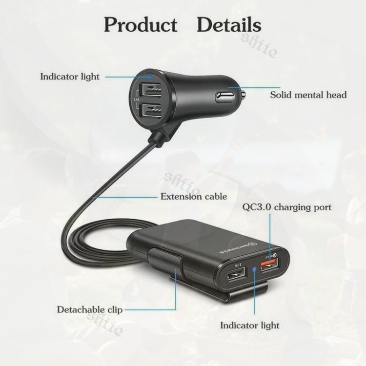 Charger Mobil 4 Port USB Fast Charging 3.1A QC3.0 Dengan Kabel Panjang Isi Banyak HP Sekaligus Anti 