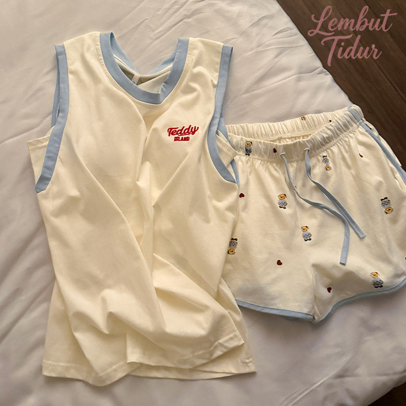 Lembut Tidur Lengan Set Piyama Tanpa  Bermotif Beruang Dan Hati Kartun Lucu Untuk Wanita Gaya Musim 