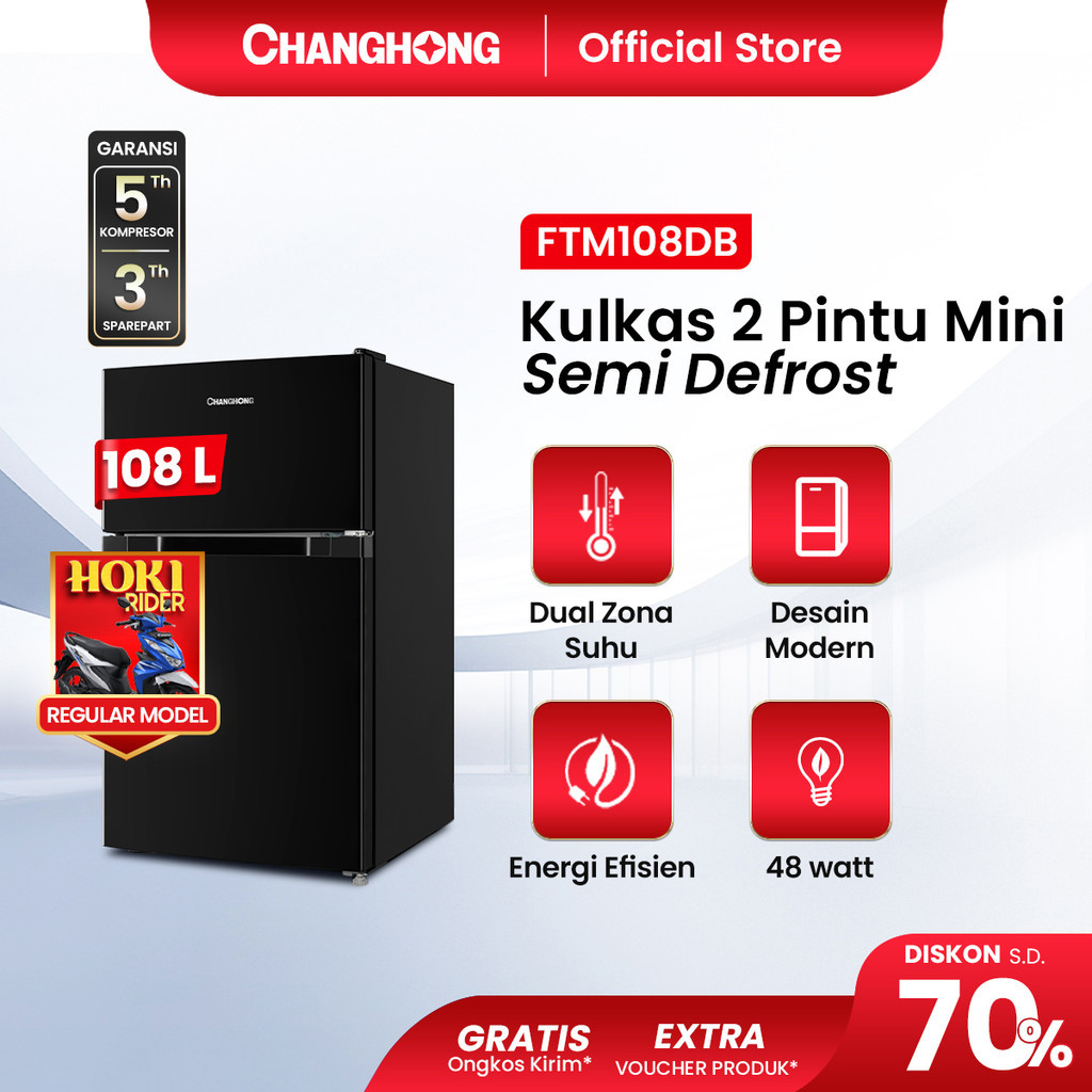 SO New Changhong Kulkas 2 pintu Mini (Refrigerator) Lemari Es Kapasitas 108 Liter – Black FTM108DB