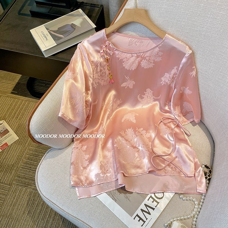 Kain satin jacquard gaya Cina baru berkualitas tinggi untuk wanita T Baju Kaos Kemeja longgar bermot