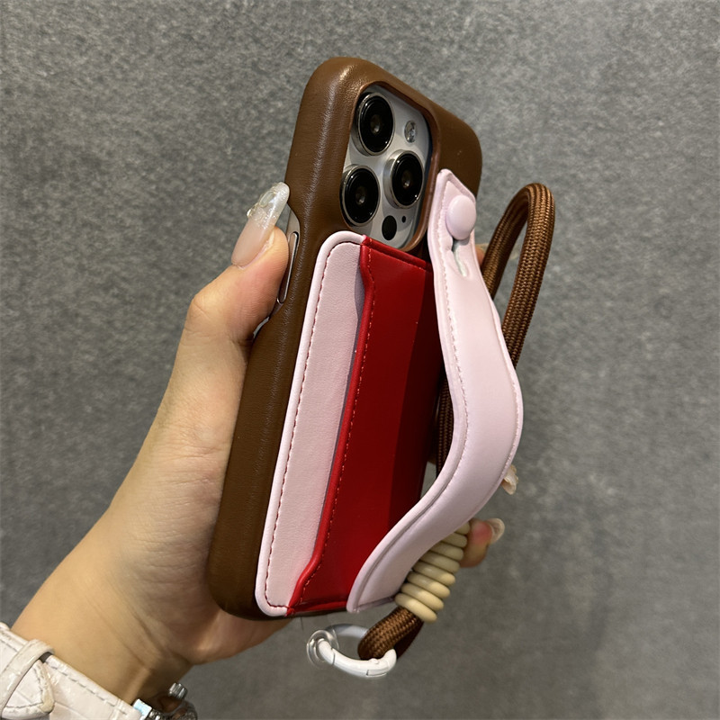 Dompet Fashion Slot Kartu Kredit Tali Pergelangan Tangan Belakang dengan Casing Lanyard untuk iPhone