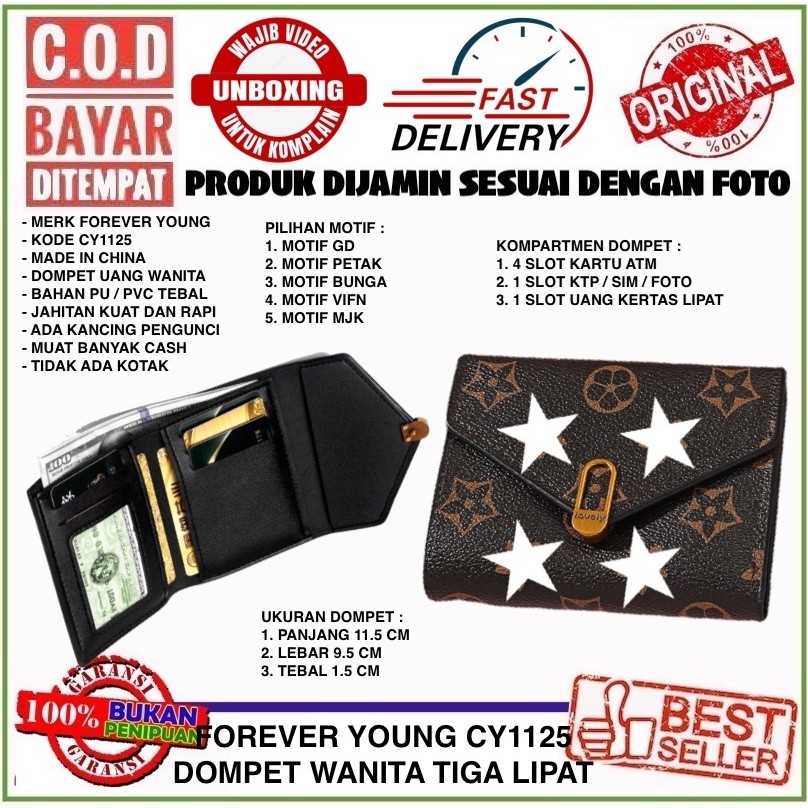 Forever Young Mini Wallet for Women CY1125 Dompet Uang Lipat Wanita 3 Lipatan Bahan PVC Tebal Muat B