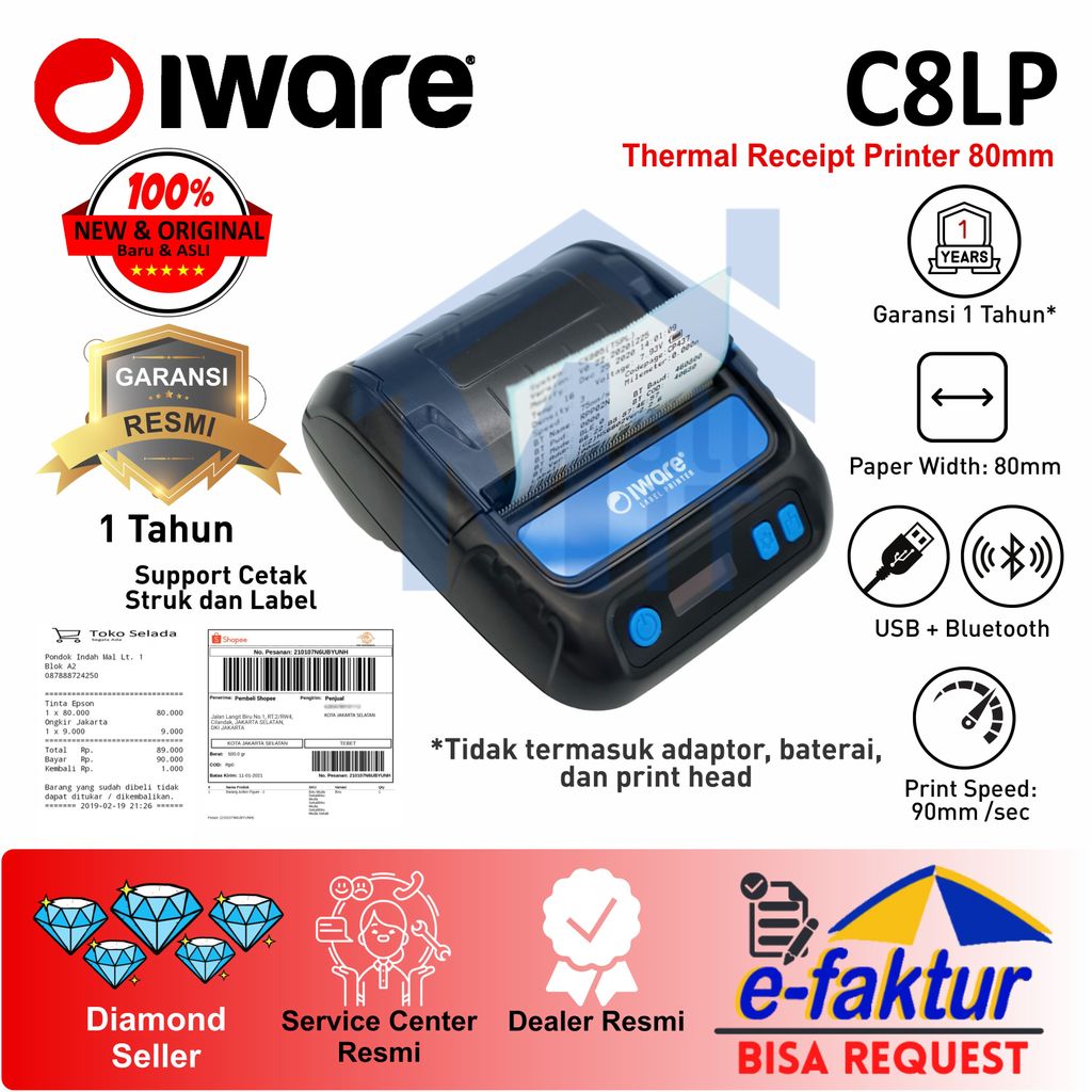 Printer IWARE Label RESI Bluetooth C-8LP C8LP 80mm ANDROID Portable