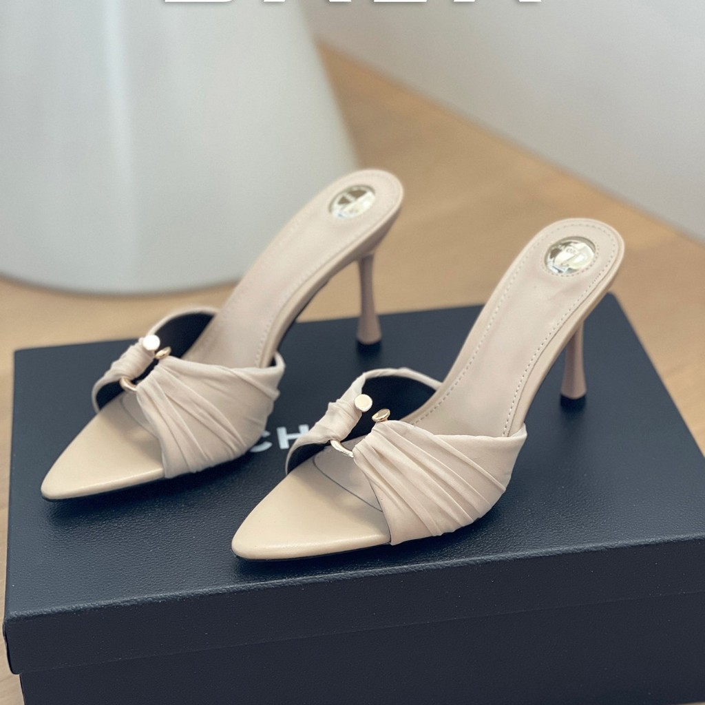 Sepatu hak tinggi wanita model nude, sandal hak tinggi ujung terbuka, sandal ujung runcing.