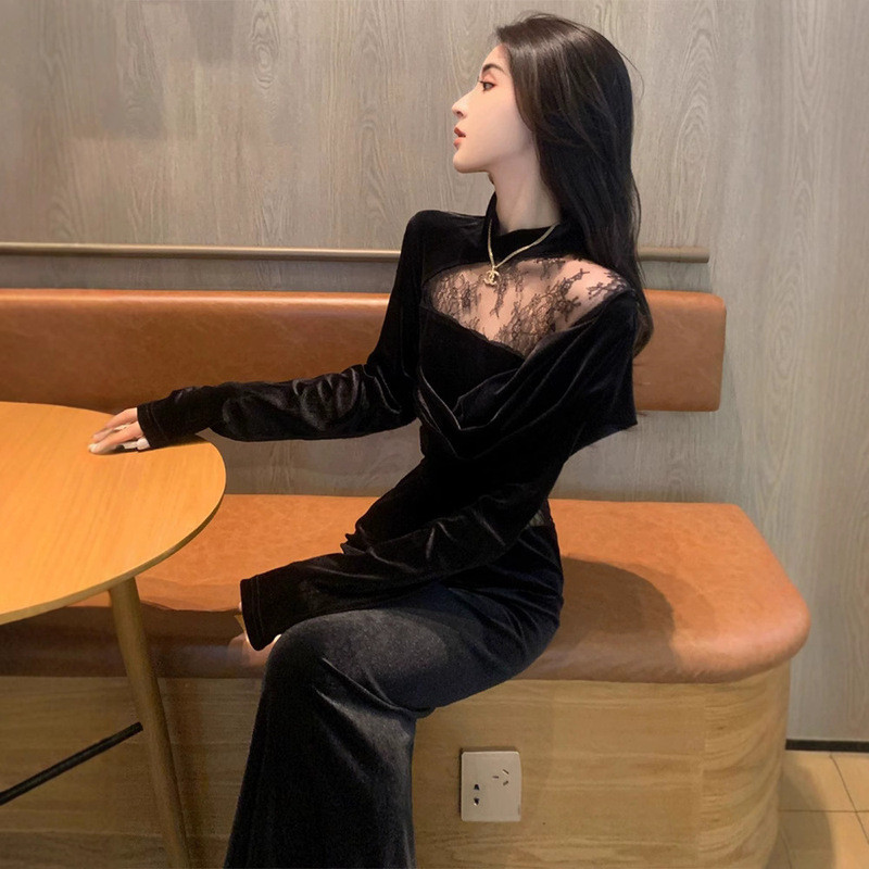 Gaun Pesta Ulang Tahun Wanita Hitam Beludru Renda Lengan Panjang Pinggang Tinggi Bodycon Gaya Retro 