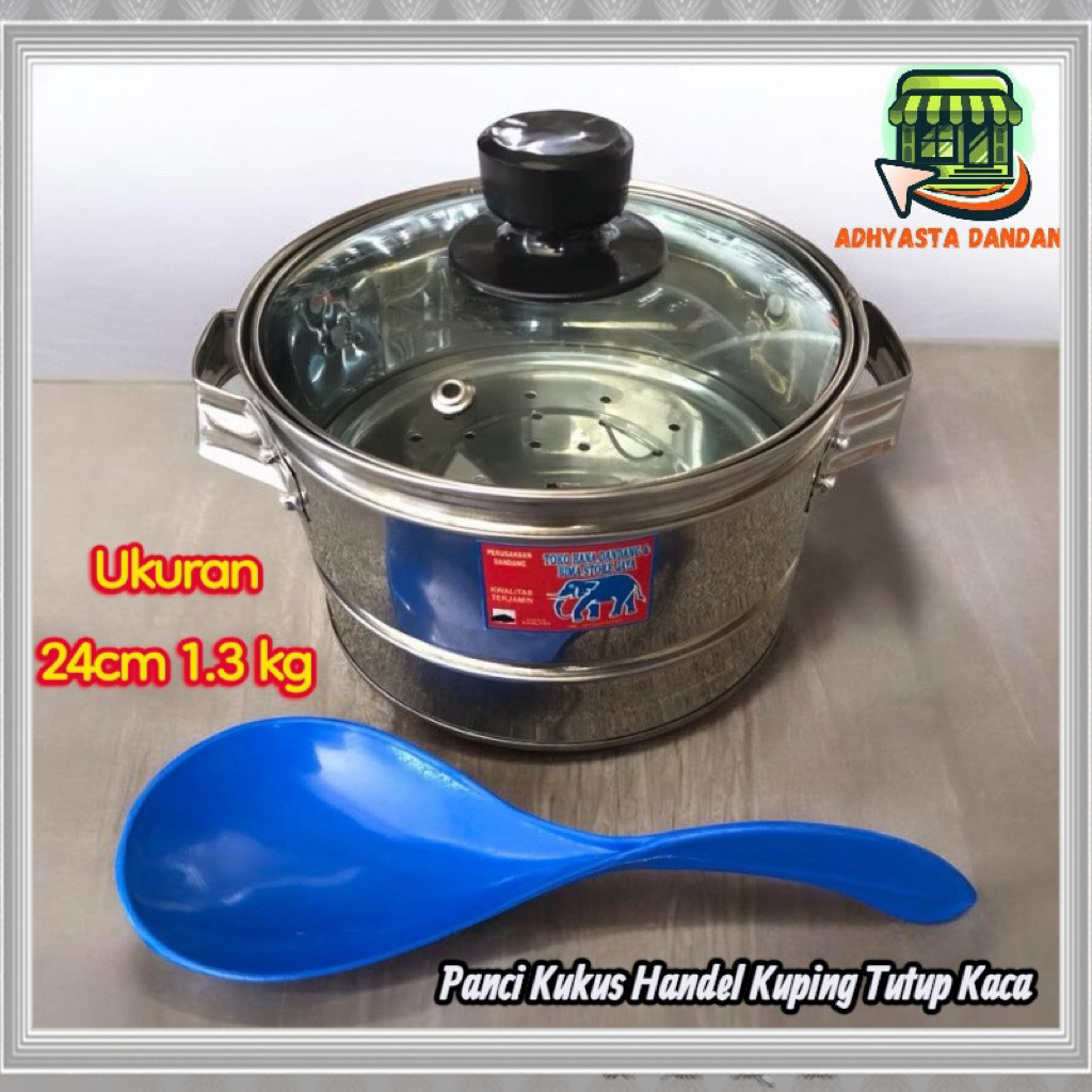 Termurah TERBARU PANCI KUKUS MASAK NASI UK 24cm 1.3kg HANDEL KUPING DENGAN TUTUP KACA FREE ENTONG NA