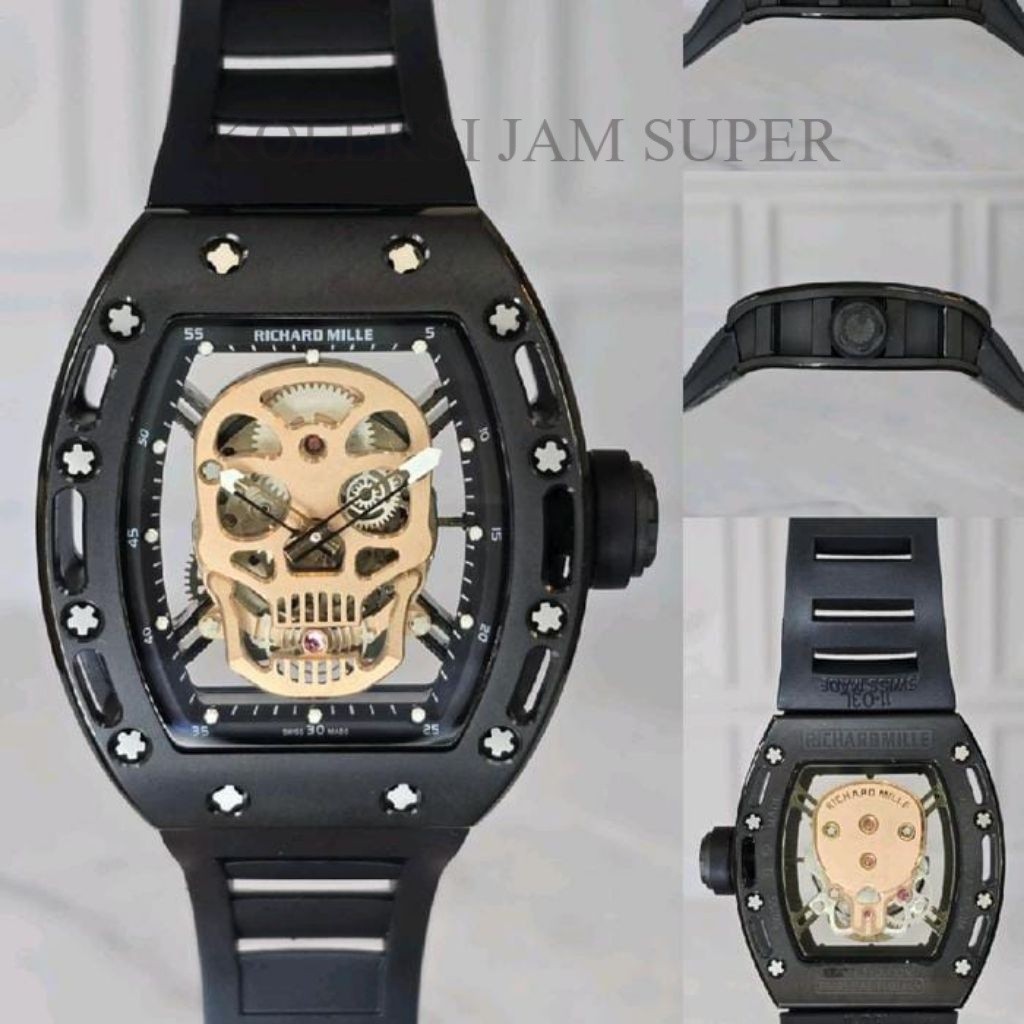 JAM TANGAN RM 052 SKULL AUTOMATIC BLACK RUBBER GOLD DIAL DM 42MM