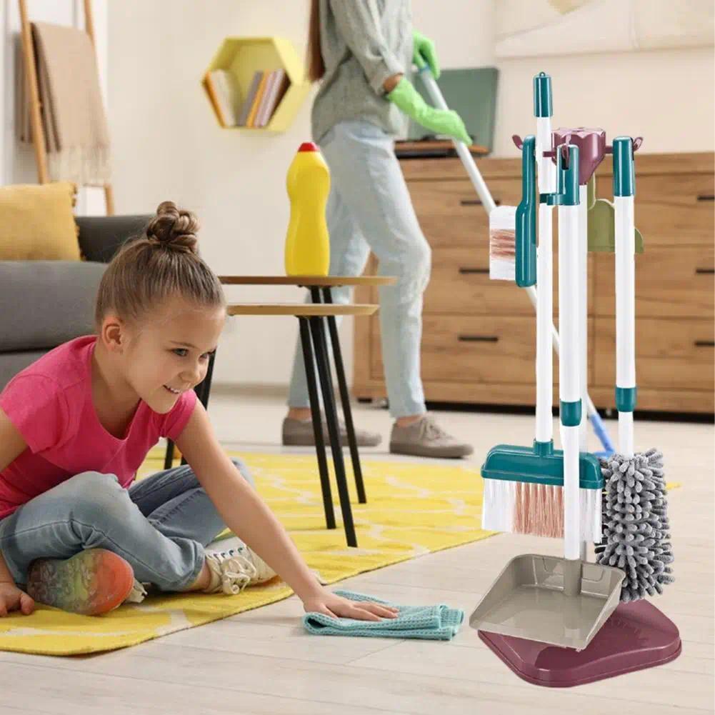 Kids Pretend Play Cleaning Set with Cart Realistic Sweeper Mop & Dustpan Toy Housekeeping Role Play 