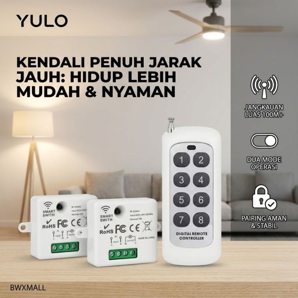Saklar Lampu Remote Wireless YULO 433 MHz Paket 2 Pcs Relay Receiver 220V 10A Smart Switch Otomatis 