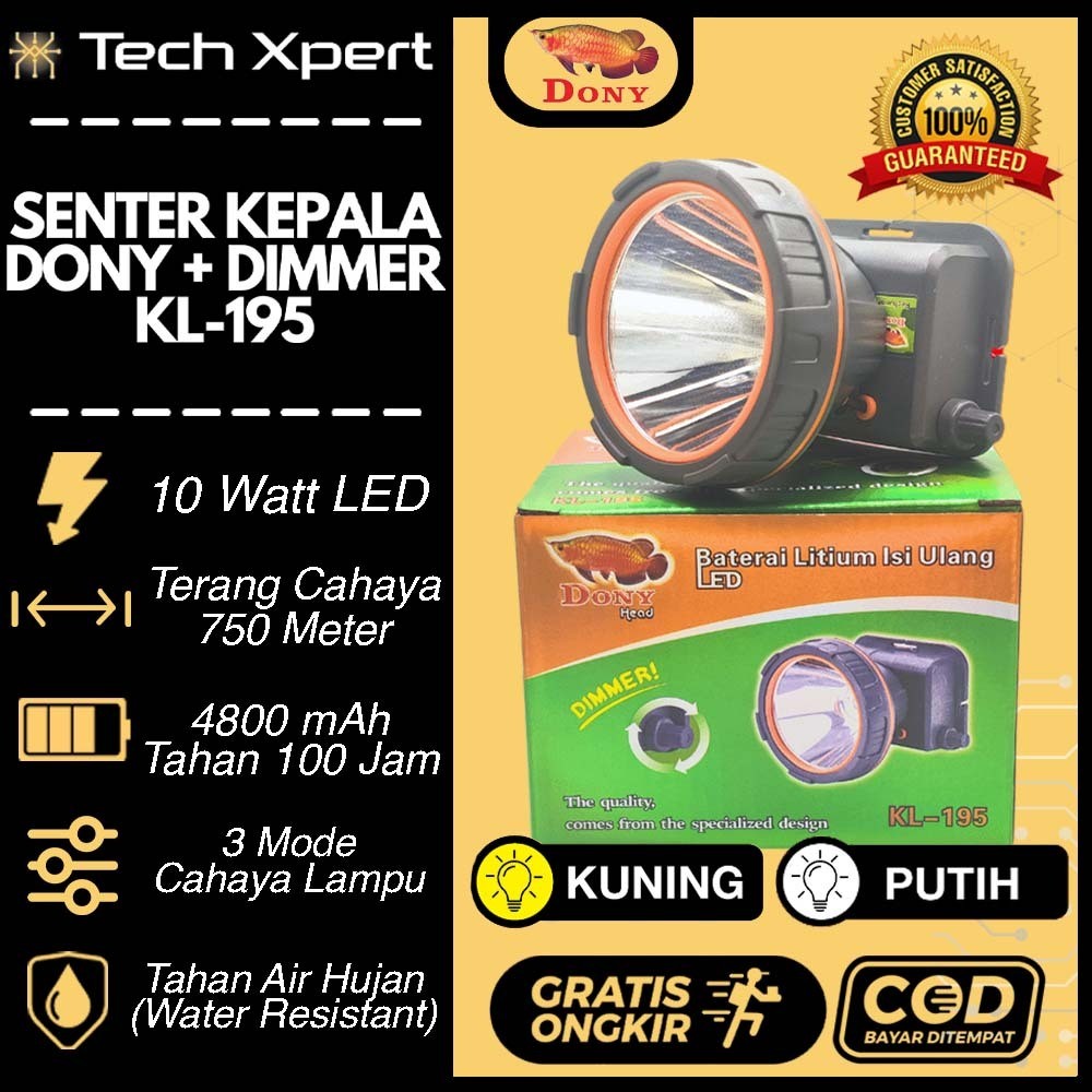 Promo 5.5 Mega Sale Senter Kepala Dony KL-195 Led 10 Watt Dimmer Super Terang Cahaya Kuning & Putih-