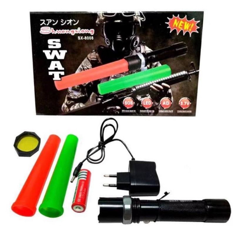 Senter Police SWAT LED SX-8008 / SHUANGXIONG + Charger + Kompas Senter SWAT Waterproof