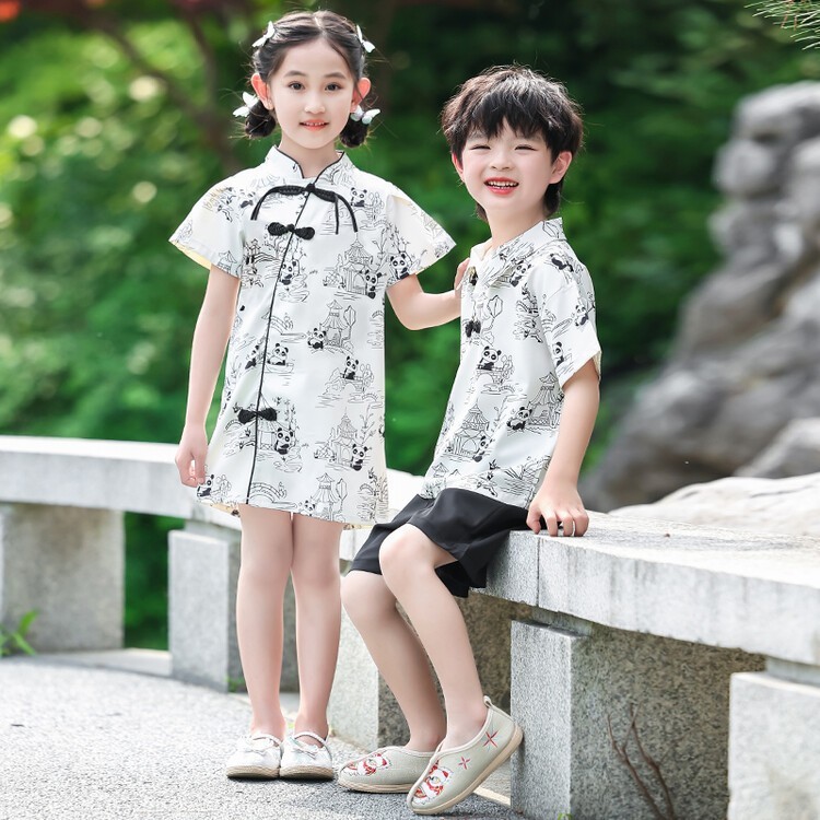 (HH)LR CS2127 Panda Couple set/Qipao anak perempuan/Pakaian set Anak Laki-laki/Dress Qipao Anak