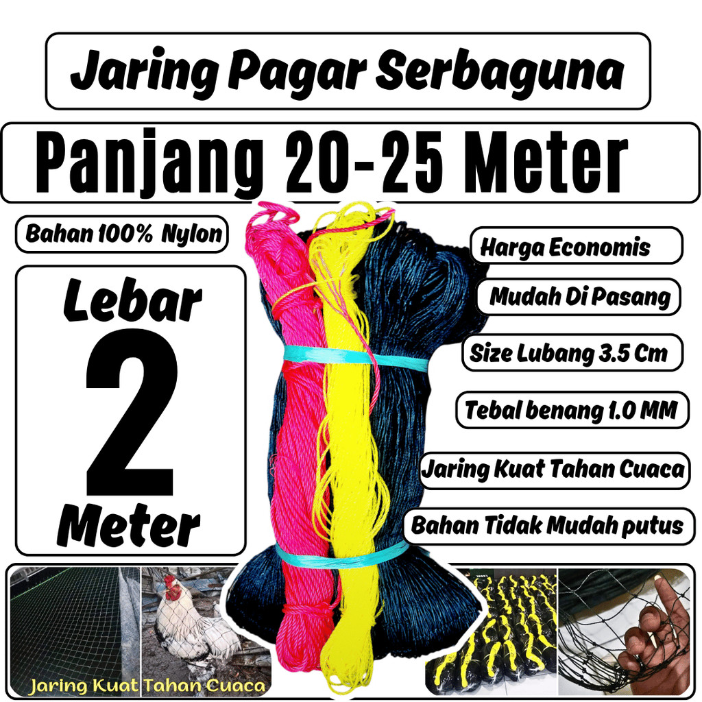 Jaring Pagar Ayam Lebar 2 Meter x  25 Meter Benang Tebal Awet 20 Tahun Jaring Pagar Tanaman, Jaring 