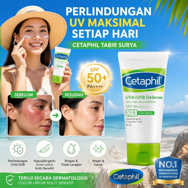 Cetaphil UVA/UVB Defense sunscreen SPF50+ PA++++ 50ml Tabir Surya Sunblock Untuk Perawatan Wajah / B