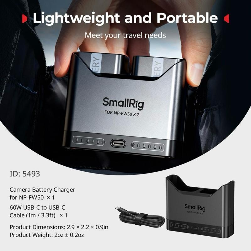 Smallrig 5493 Camera Battery Charger for NP-FW50 Sony A7 A7S A7R A7S II A7R II ZV-E10 A5000 A5100 A6