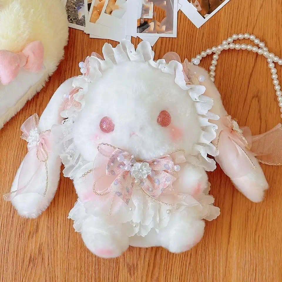 New Bunny Plush Bag Lolita Sweet Shoulder Bag Pearl Chain Long-eared Rabbit Crossbody Bags