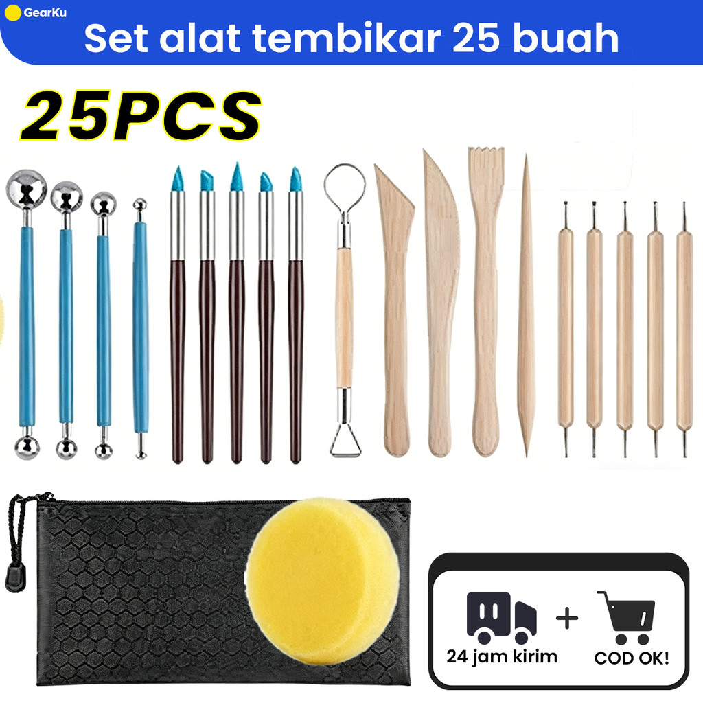 Alat Ukir Clay 25 Pcs - Butsir Tanah Liat, Dual-Ended, Gagang Kayu, Untuk Sculpting & Keramik - 25 P