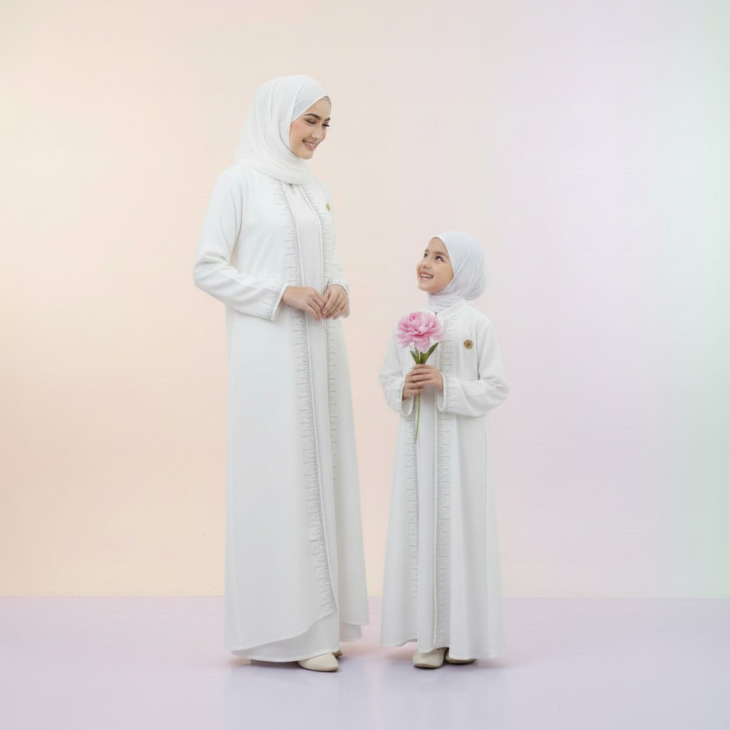 Khanza Gamis Abaya Couple Ibu Dan Anak Perempuan Kombinasi Swaroski Terbaru Cocok Jalan  Putih