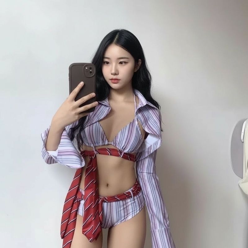 [Laut Karang]   Wanita bergarisgaris bikini set tiga potong seksi seksi seksi seksi pantai