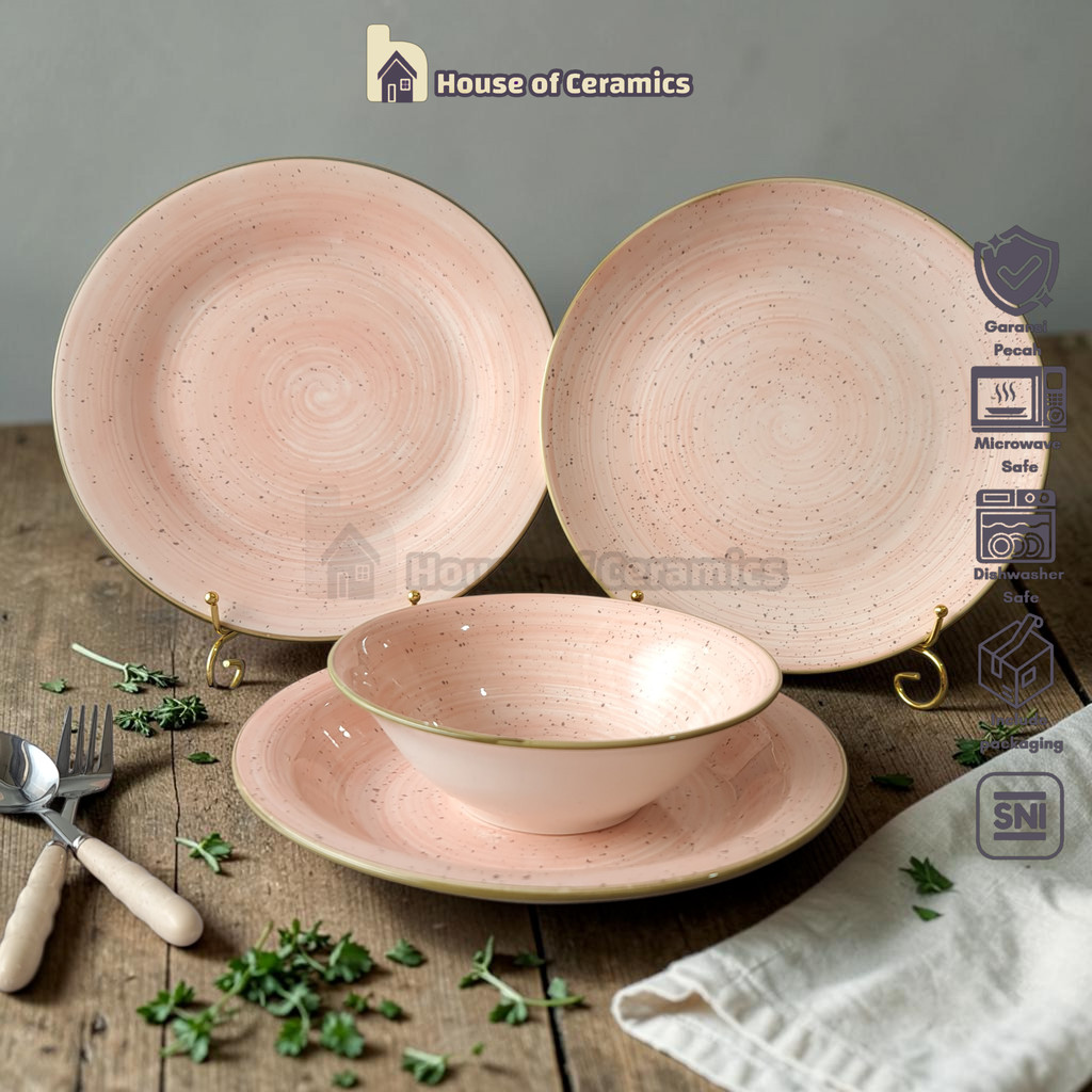 FORMIA Piring Mangkok Keramik Nara Pink Cantik Aesthetic Bermotif Simple