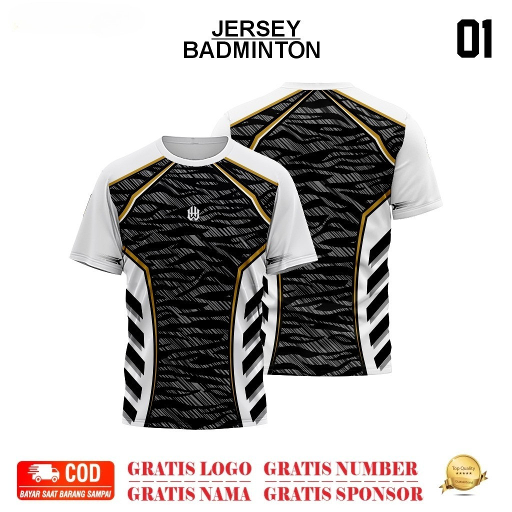 JERSEY BADMINTON PUTIH HITAM FULL PRINTING CUSTOM NAMA DAN LOGO