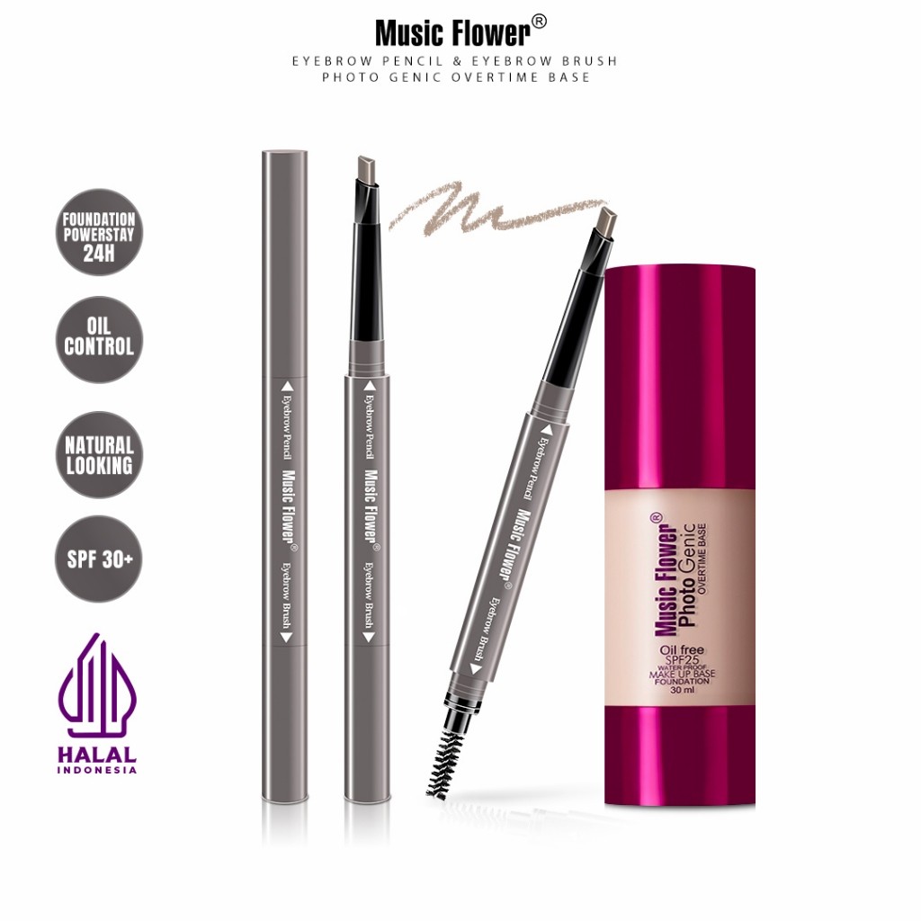 [BUNDLE] MUSIC FLOWER Paket Natural Glow Make Up Set Photogenic Foundation + Eyebrow Pencil Brush