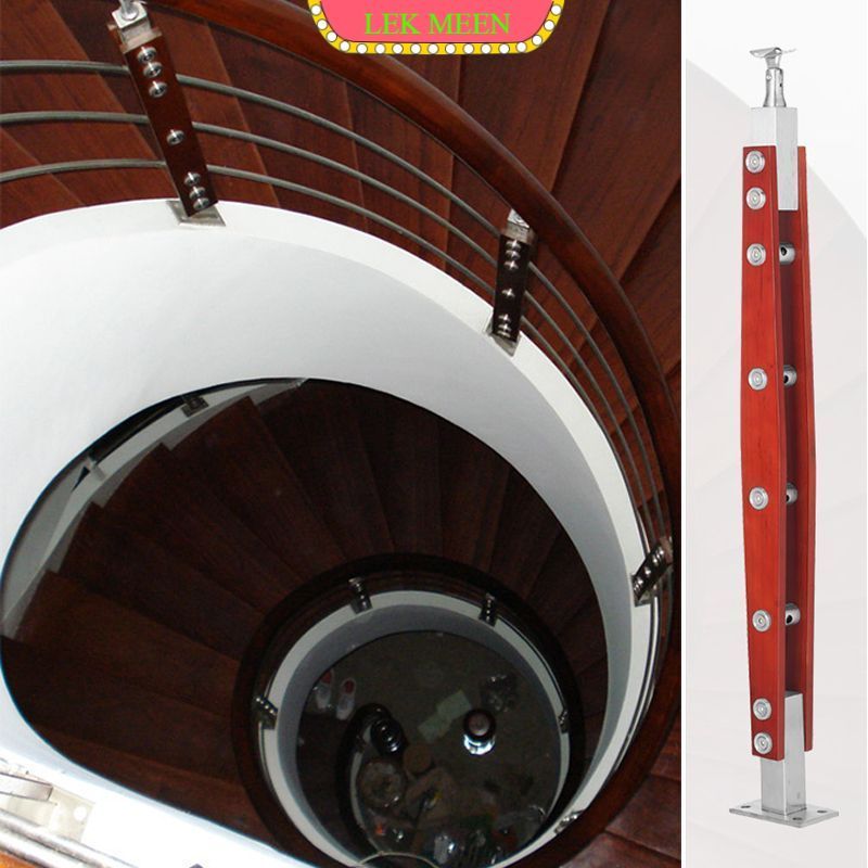 lekmeen- 85cm Railing Tangga Stainless Dengan Kayu Model Kotak Hollow Railing Tangga Perforated