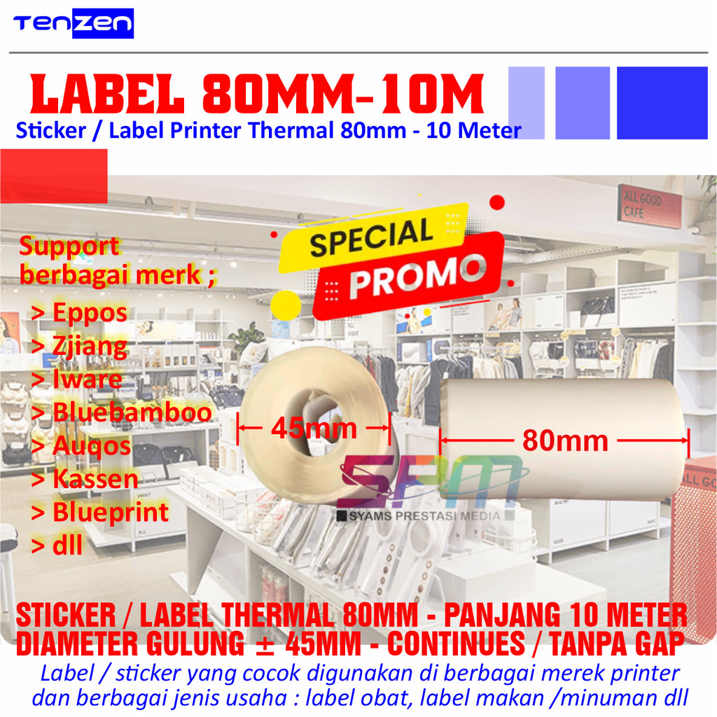 Sticker Label Thermal 80mm x 45mm 10 meter Continues / Tanpa Gap