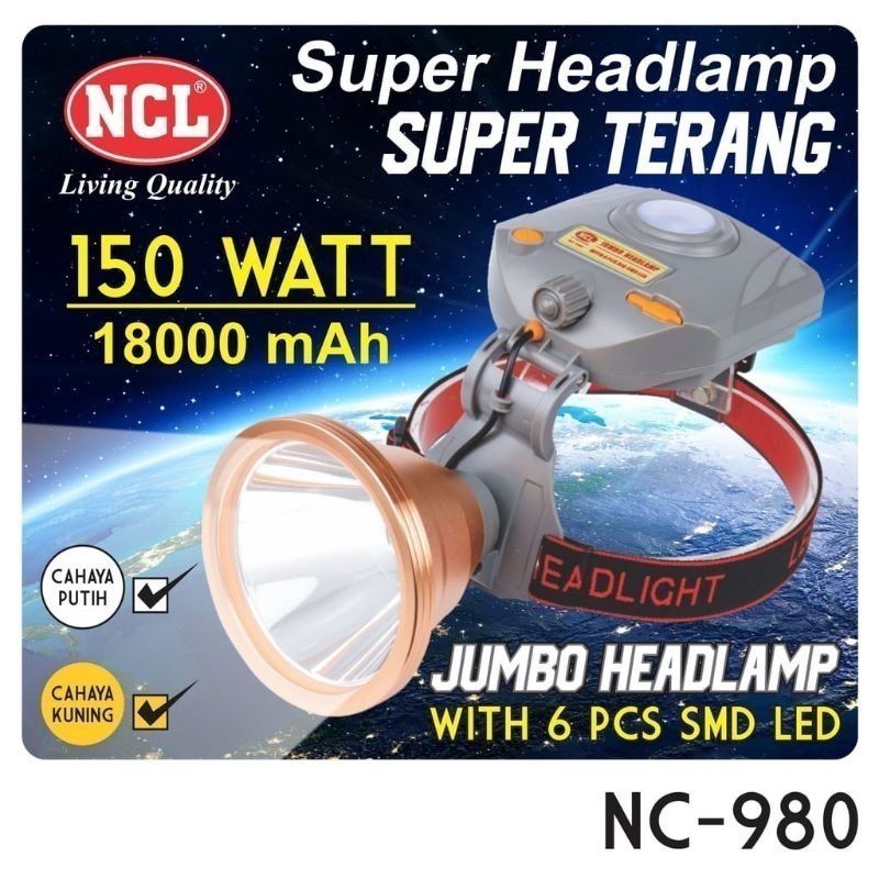 senter kepala jumbo 150 watt original ncl 980 cahaya putih dan kuning