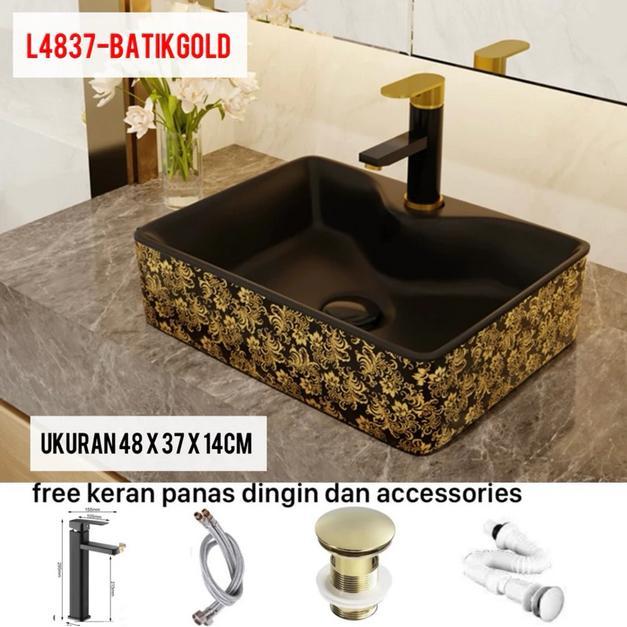 Washtafel Meja Kamar Mandi Batik Hitam Gold Fullset Keramik SUS 304